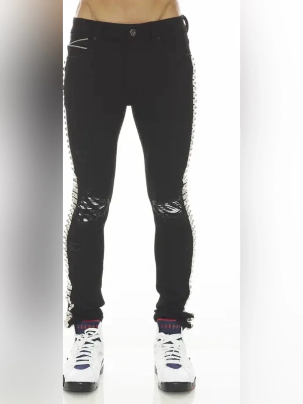Cult of Individuality Black Skinny Pants with Silver Stud Side Stripe